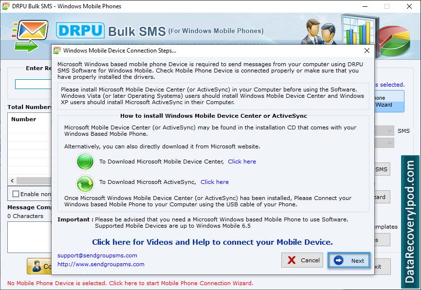 Bulk text messaging Software for Windows Mobile Phones