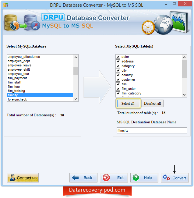 Выберите базу данных MySQL