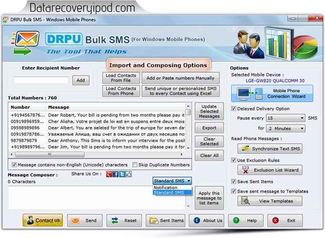 Bulk Text Messaging Software for Windows Mobile Phones
